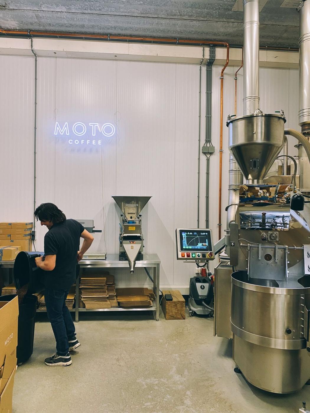 Freshly roasted coffee beans cooling at Moto Coffee