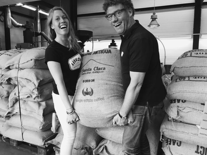 Mister Lebkov and daughter at the coffee roastery.