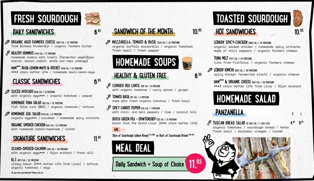 Menu eten broodjes bij Lebkov. Sandwiches. Ontbijt bij Lebkov.