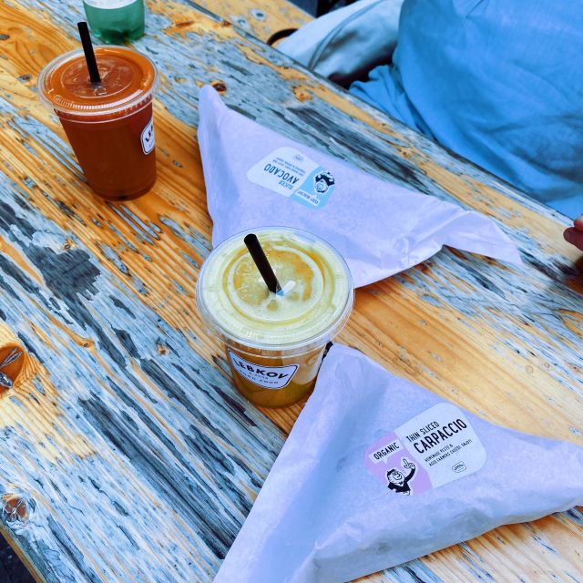 Healthy lunch with sandwiches and juices.